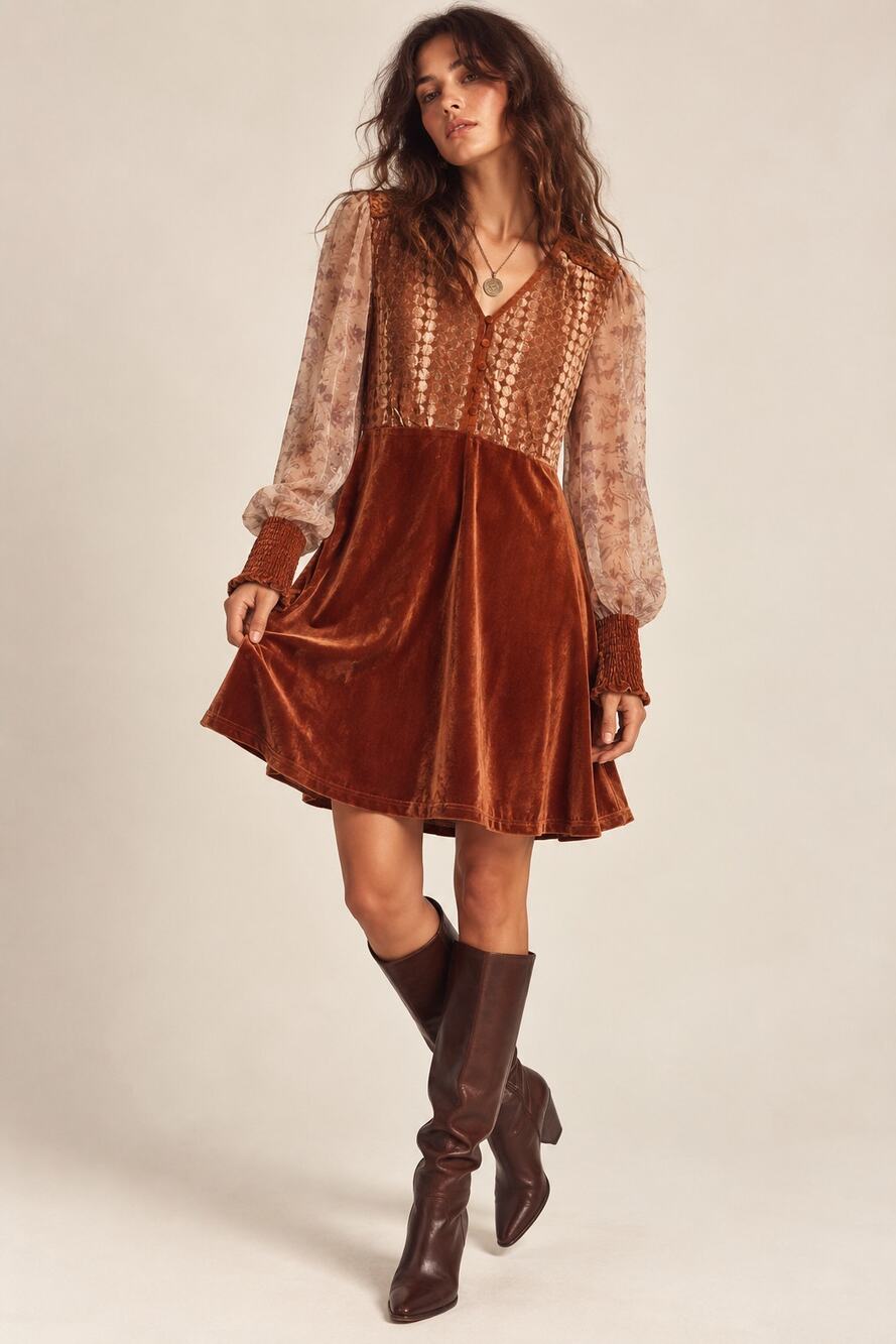 Mystree Rich Copper Velvet Babydoll Dress M Boho Fall Romantic Practical Magic